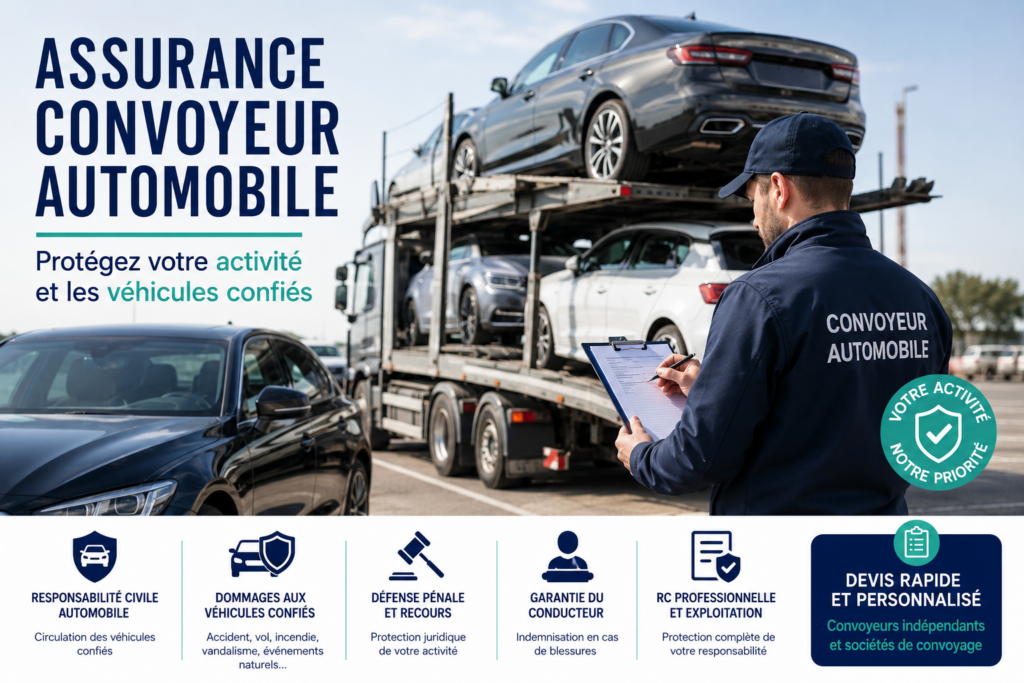Convoyeur automobile réalisant le contrôle et l'acheminement de véhicules pour le compte de tiers. Illustration de l'assurance convoyeur automobile couvrant la responsabilité civile, les véhicules confiés et les dommages liés au convoyage.