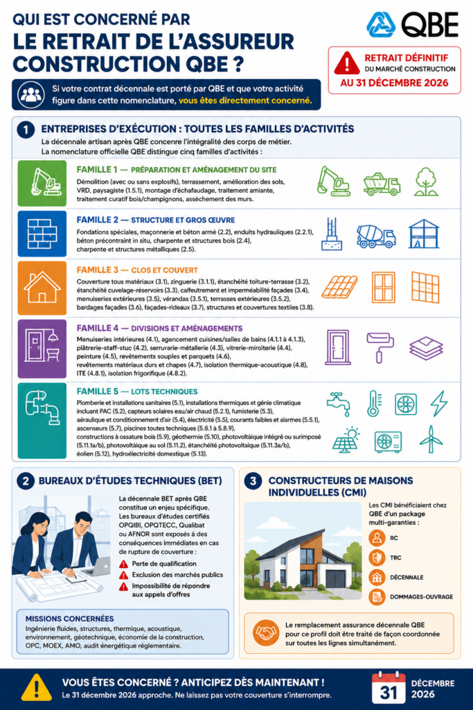 Infographie présentant les entreprises concernées par le retrait de QBE du marché de l'assurance construction au 31 décembre 2026 : artisans du BTP, PME, bureaux d'études techniques (BET) et constructeurs de maisons individuelles.